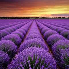 Naklejka premium Vibrant lavender field at sunset.