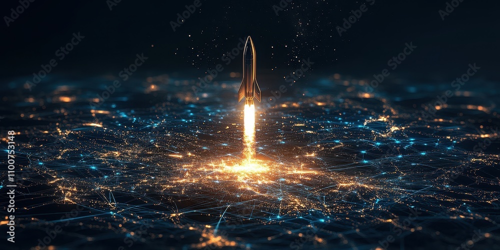Poster a rocket launches from a vibrant, illuminated network, surrounded by a dark backdrop, symbolizing ex