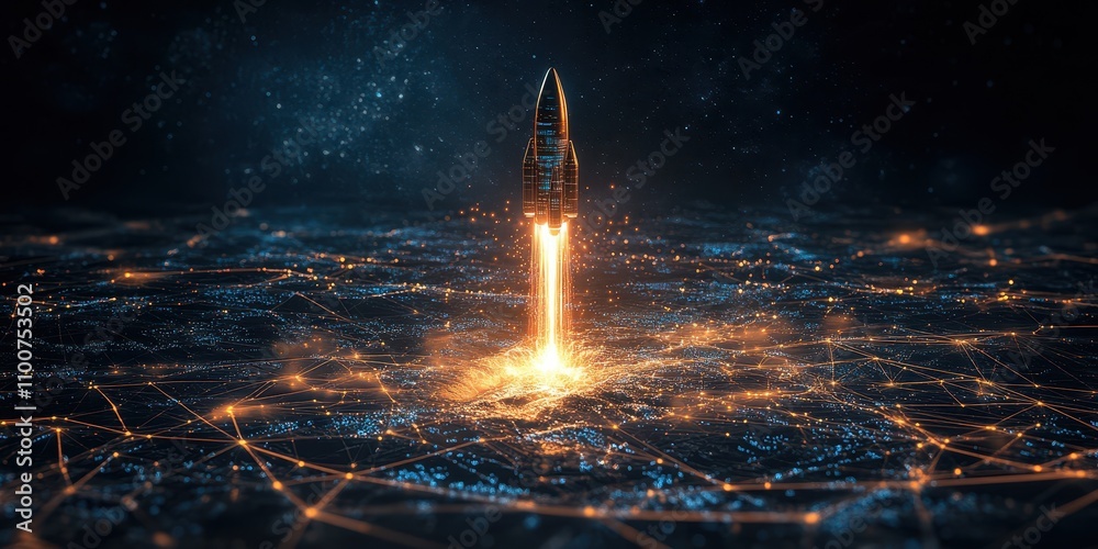 Poster a vibrant rocket launches into space, surrounded by a glowing network of lights, symbolizing explora