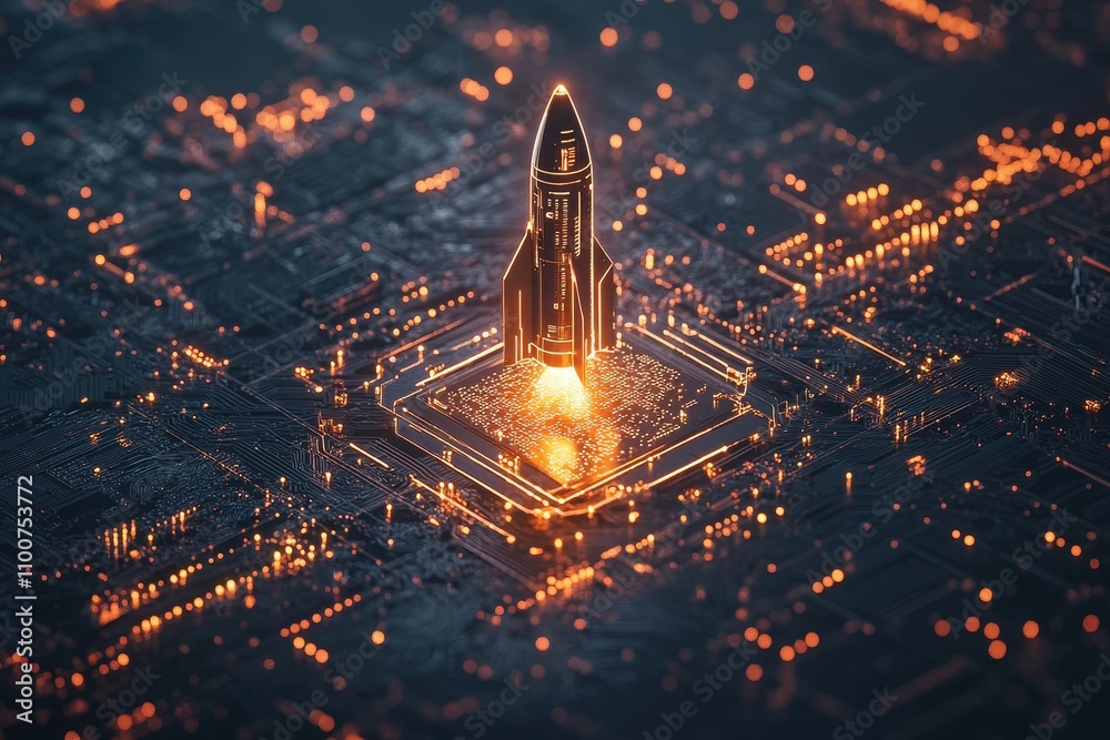Poster a futuristic rocket launching from a glowing circuit-like base, symbolizing advanced technology and 