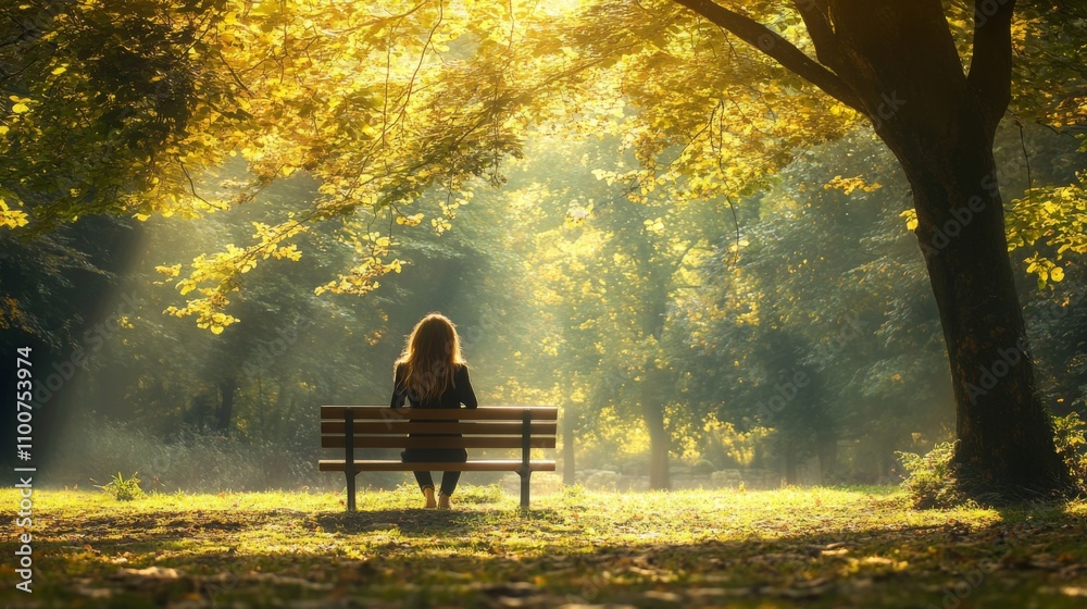 Aufkleber a woman enjoys a moment of solitude on a wooden bench in a serene forest, basking in the warm glow o