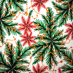 Fototapeta premium Vibrant holiday pattern featuring tropical leaves and ornamental accents, digital illustration of pattern design concept.