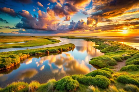 Serene Landscape Photography of Wells to Thornham, Norfolk, Featuring Coastal Dunes, Tranquil Waters, and Lush Greenery Under a Vibrant Sky
