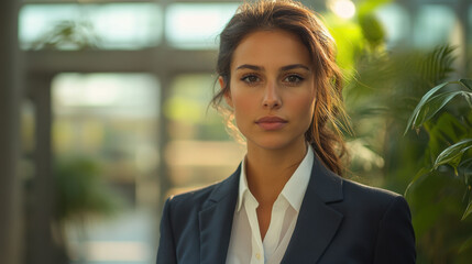 Fototapeta premium confident businesswoman in suit stands in modern office environment, showcasing professionalism and poise. natural light enhances her features, creating inspiring atmosphere