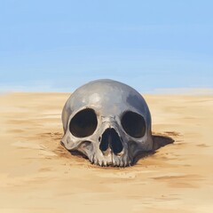 A human skull half-buried in desert sand under a clear blue sky.