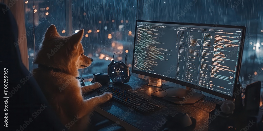 Aufkleber A cozy scene featuring a dog at a computer, surrounded by rain and city lights, creating a whimsical atmosphere of coding and companionship.
