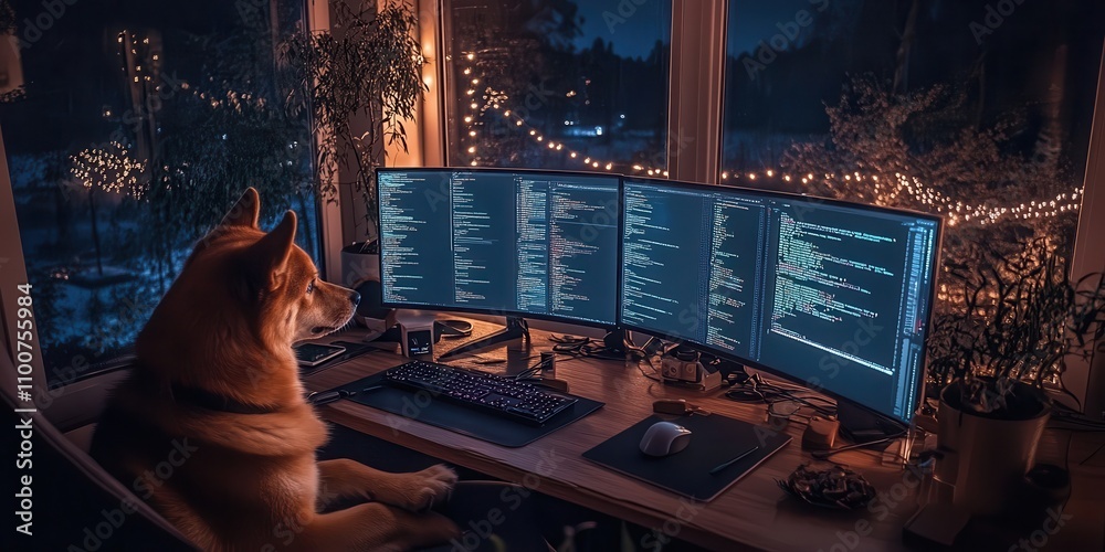 Poster A cozy night scene featuring a dog sitting at a computer desk with multiple monitors displaying code and soft lighting from decorations.