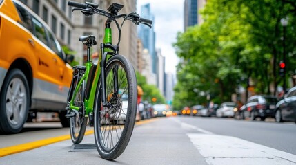 A sleek vibrant green bicycle stands out amidst the towering skyscrapers and busy streets of a modern city landscape