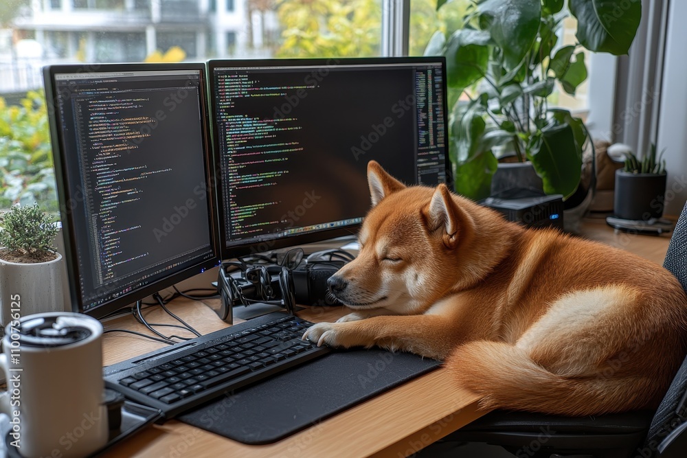 Poster A cozy Shiba Inu rests on a desk beside dual monitors displaying code, surrounded by greenery and a coffee cup, blending work and comfort beautifully.