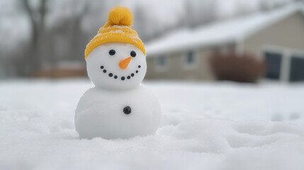 Obraz premium cheerful snowman wearing yellow hat stands resilient in snowy garden, bringing joy to winter landscape