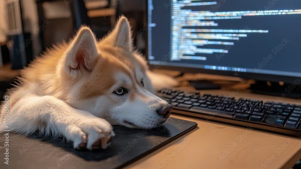 Poster A husky dog rests its head on a desk, next to a computer keyboard, while a screen displays lines of code.