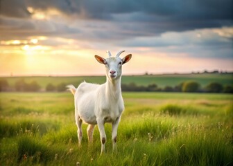 Obraz premium Serene Minimalist Photography of a Goat on a Farm Surrounded by Pastel Fields and Soft Light, Capturing the Essence of Rural Life in a Tranquil Setting