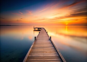 Obraz premium Serene Minimalist Pier at Sunset: A Tranquil View of Nature's Beauty with Soft Colors and Reflections on Water, Perfect for Relaxation and Meditation Imagery
