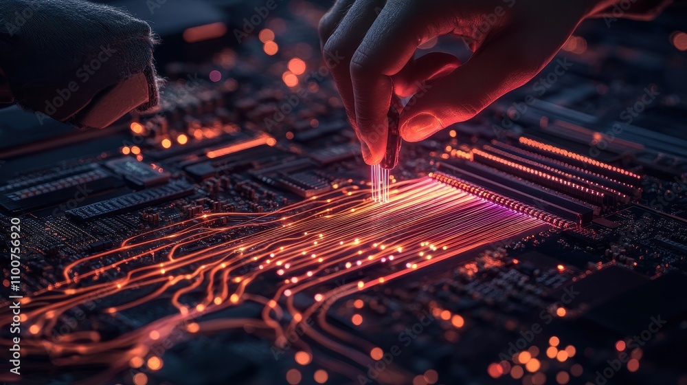 Poster a close-up of a hand manipulating a circuit board, illuminated by vibrant lights, showcasing intrica