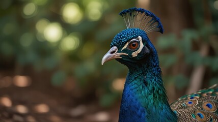 Obraz premium Close-up of a peacock's head and neck, showing vibrant blue and green plumage.