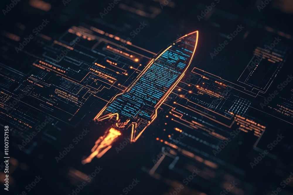 Poster a futuristic rocket design illuminated against a dark digital background, symbolizing innovation and