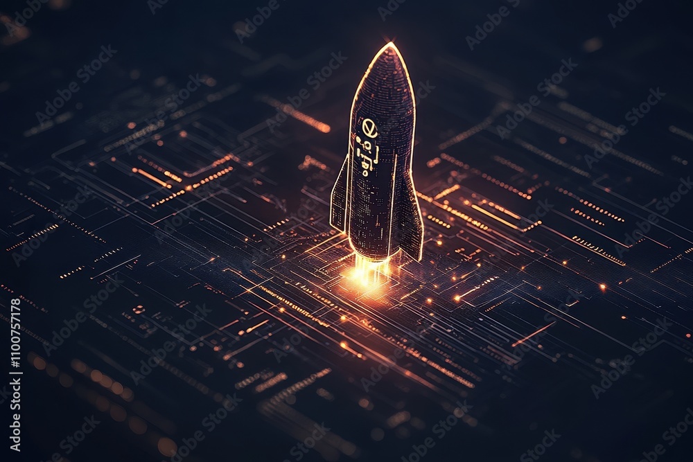 Poster A glowing rocket launching from a digital circuit board, symbolizing innovation and technology in space exploration.