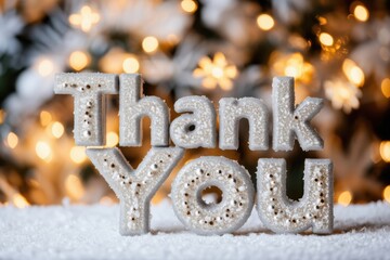 Snowy thank you sign with sparkling lights and festive background