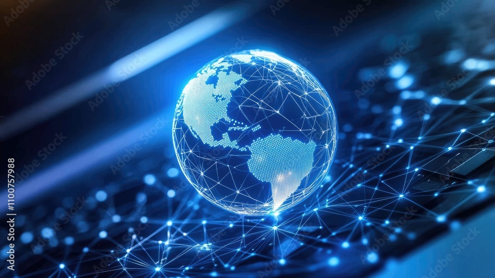 Wall mural digital globe with network connections on keyboard