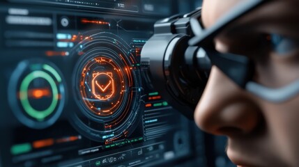 Futuristic digital interface with holographic display heads up data visualization and advanced control panel for monitoring and analyzing information in a high tech sci fi inspired setting