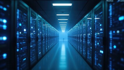 Fototapeta premium Data center interior with rows of server racks, blue lighting, technology infrastructure, modern. Generative, AI.