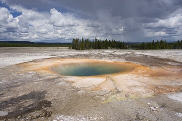 Excelsior Geyser Crater Landscape on a Cloudy Day in Yellowstone National Park