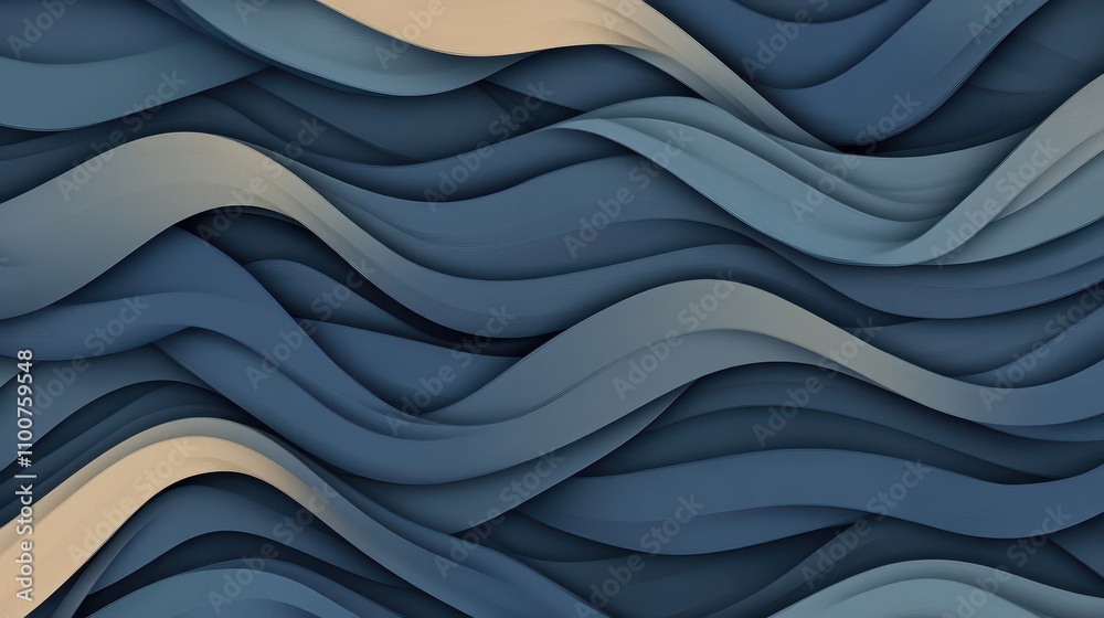 Poster abstract waves in varying shades of blue and beige create a soothing, flowing pattern.