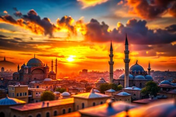 Fototapeta premium Serene Sunset Over a Cityscape Featuring a Majestic Mosque Silhouetted Against a Warm Orange Sky, Embodying Peace and Tranquility in Urban Life