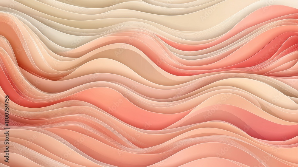 Poster a serene abstract design featuring flowing waves in soft shades of peach, beige, and cream, creating
