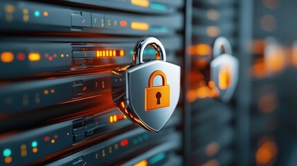 Secure data storage and network protection concept with locked padlock on server rack in data center or IT room  Cyber security digital information cloud computing and online privacy technology