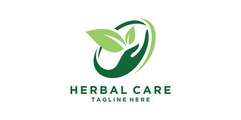 herbal care logo design, hand, leaf, medical, organic, symbol, icon, vector, idea, creative.