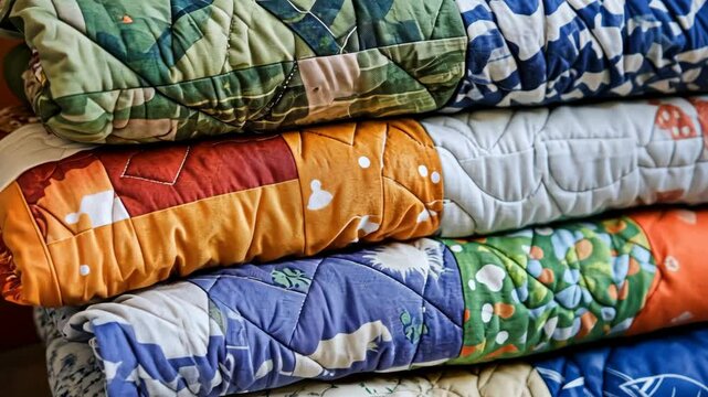 Colorful quilts stacked neatly on a shelf in a cozy room showcasing various patterns and textures