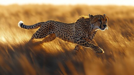 Cheetah Running Through Golden Grass