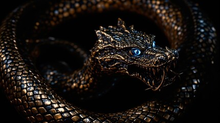Fototapeta premium Fierce metallic dragon snake with blue eyes and intricate scales
