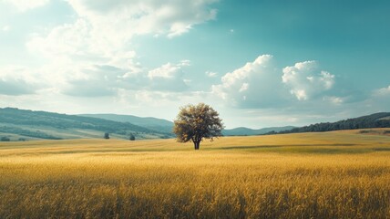Lone tree stands in golden field under vast, cloudy sky