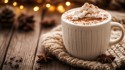 Fototapeta premium hot chocolate with frothy whipped cream and fluffy marshmallows evokes warmth comfort and relaxation symbolizing the joy of indulging in sweet treats during the winter season