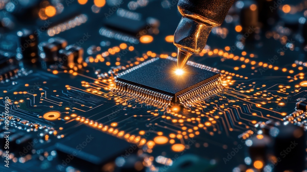 Poster a close-up view of a circuit board, highlighting a microchip being inspected or repaired with a tool
