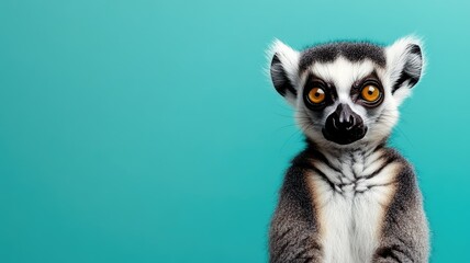 Fototapeta premium Close-up of wide-eyed lemur against aqua background