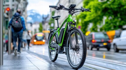 Fototapeta premium Electric Bicycle Riding on City Street with Green Environmentally Friendly Urban Transportation and Sustainable Mobility Solution for Modern Commuters