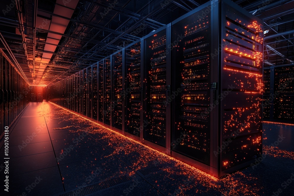 Poster A futuristic data center illuminated by glowing lights, showcasing rows of server racks with a dynamic and high-tech atmosphere.
