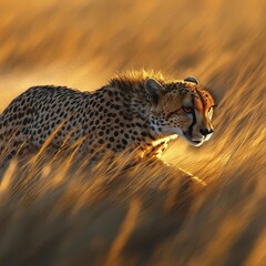 Cheetah Stalking Through Golden Grass