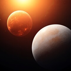 Two planets in space, one fiery orange, the other grey, with a bright sun.