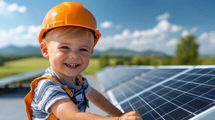 Cheerful young boy wearing hard hat standing next to solar panels installed in a lush green field representing renewable energy sustainability and the future of clean technology