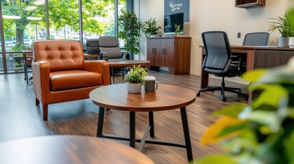 Obraz premium Cozy and Sophisticated Office Space with Modern Furniture and Natural Elements Bright airy room with comfortable chairs wooden table