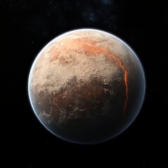 Fototapeta premium Volcanic planet in space, fiery lava, cosmic background.