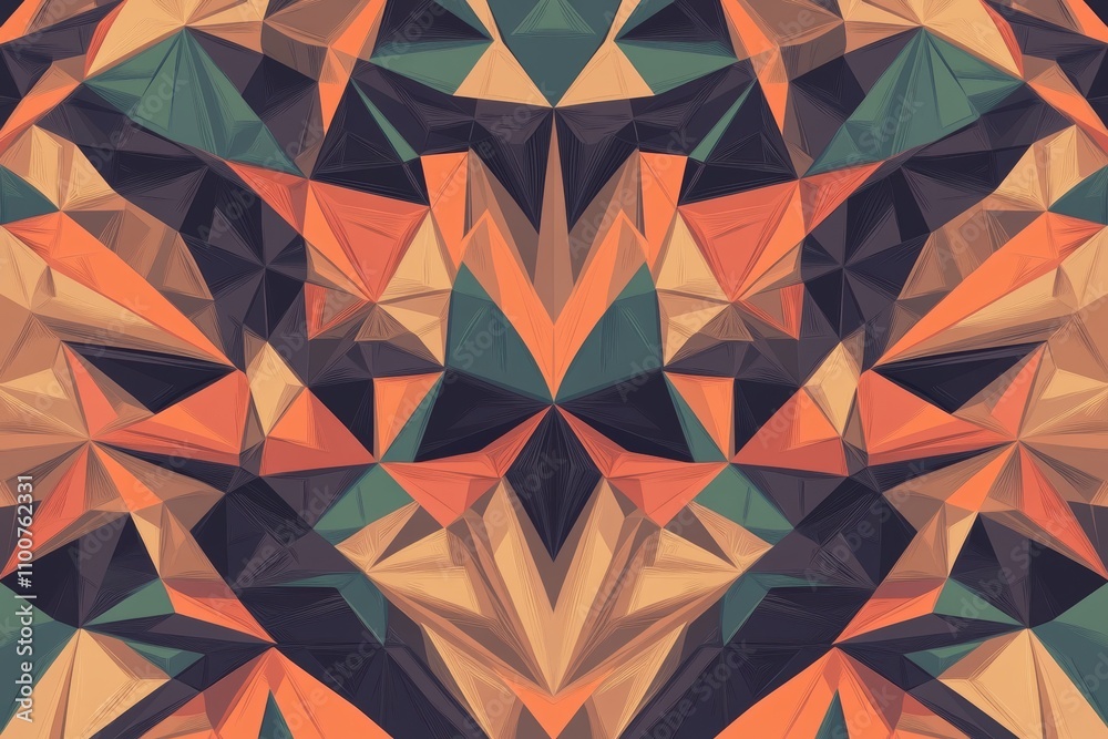 Aufkleber an abstract geometric pattern featuring triangular shapes in warm tones of orange, green, and dark h
