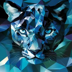Abstract geometric vector art of an elegant panther, in the style of blue and teal colors