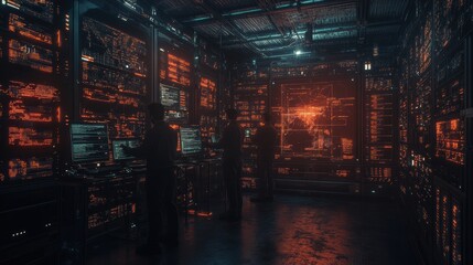 A dimly lit server room filled with glowing technology, showcasing a futuristic atmosphere and intricate wiring.