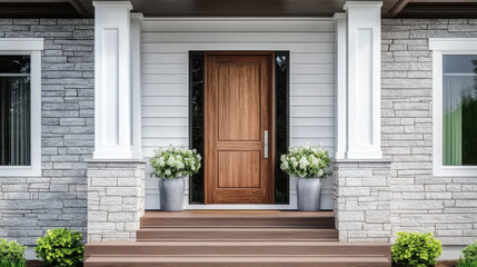 A wooden front door, surrounded by windows, with white, blue, and stone siding