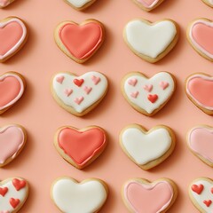 Fototapeta premium Valentine theme Seamless patterns, Heart Shaped Cookies with Icing Detail on Pink Background